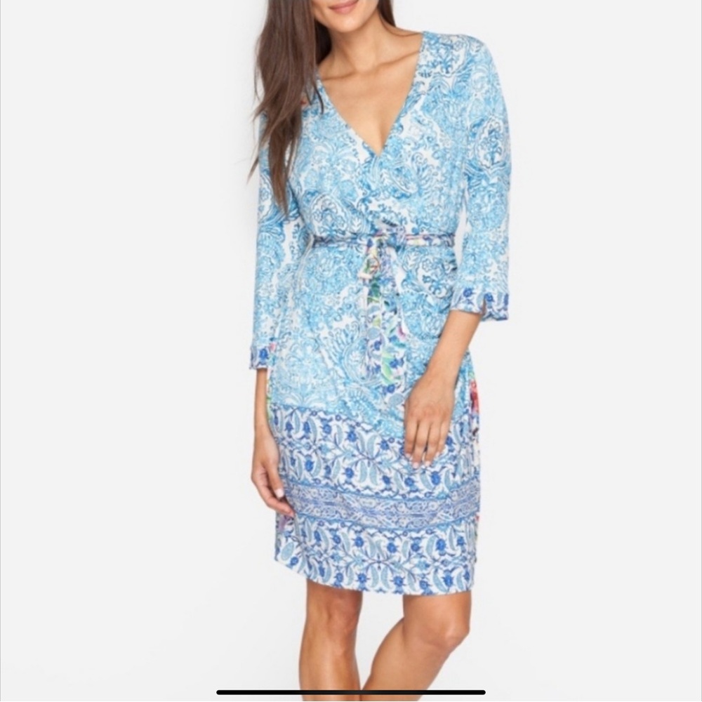 EUC Johnny Was Deleal Rouched Floral Blue Dress